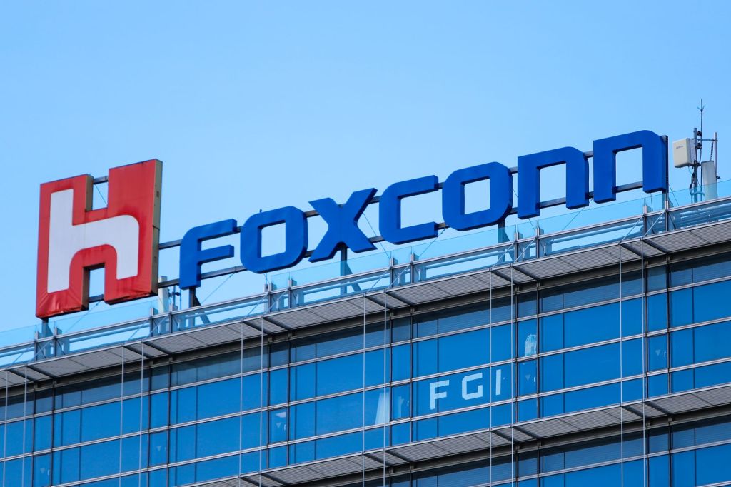 The Hon Hai Group Foxconn logo atop the headquarters building in Taipei, Taiwan