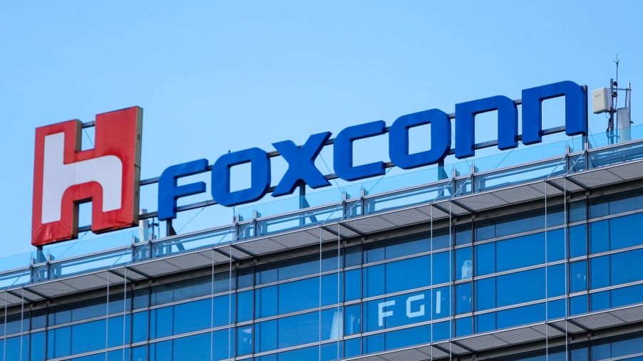 The Hon Hai Group Foxconn logo atop the headquarters building in Taipei, Taiwan