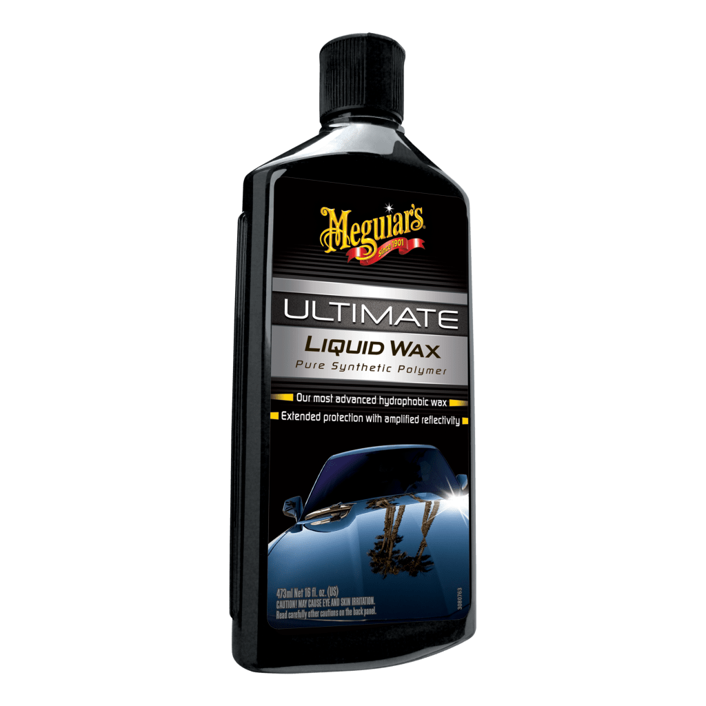 A black bottle of Meguiar's Ultimate liquid wax shows a freshly shined car on the front