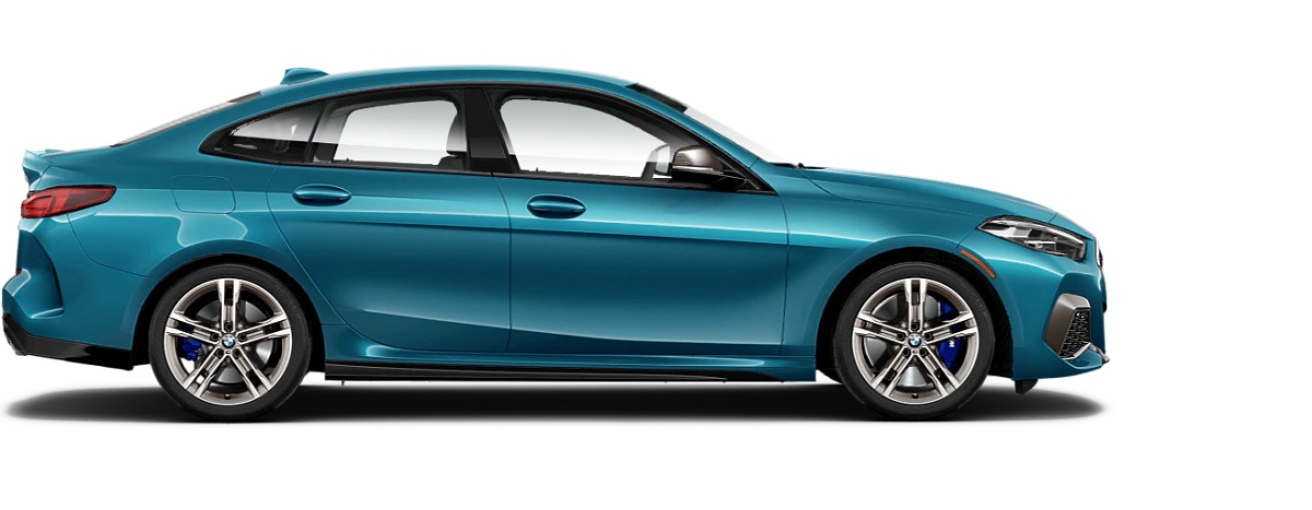 A teal 2021 BMW Gran Coupe against a white background.