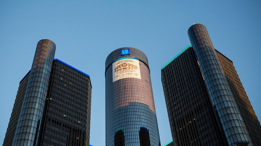Exterior of GM headquarters in Detroit, Michigan, on a clear day