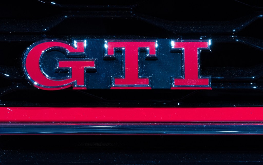 The GTI badge on the front of a new GTI