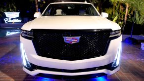 The white 2021 Cadillac Escalade is displayed during the Cadillac Oscar Week Celebration at Chateau Marmont on February 6, 2020 in Los Angeles, California.