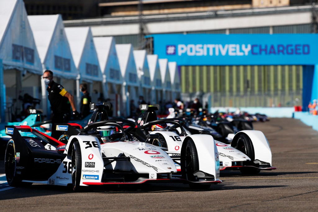 The cars lined up at the Formula E Championship at the Berlin E-Prix