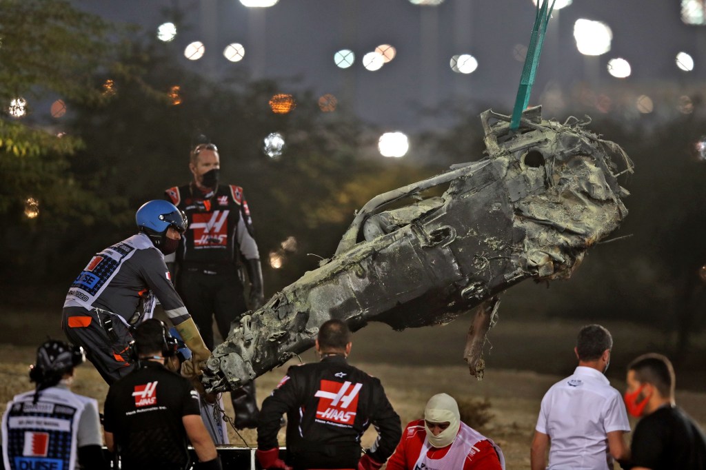 The charred wreckage of Romain Grosjean's Haas Formula 1 car after his crash at Bahrain