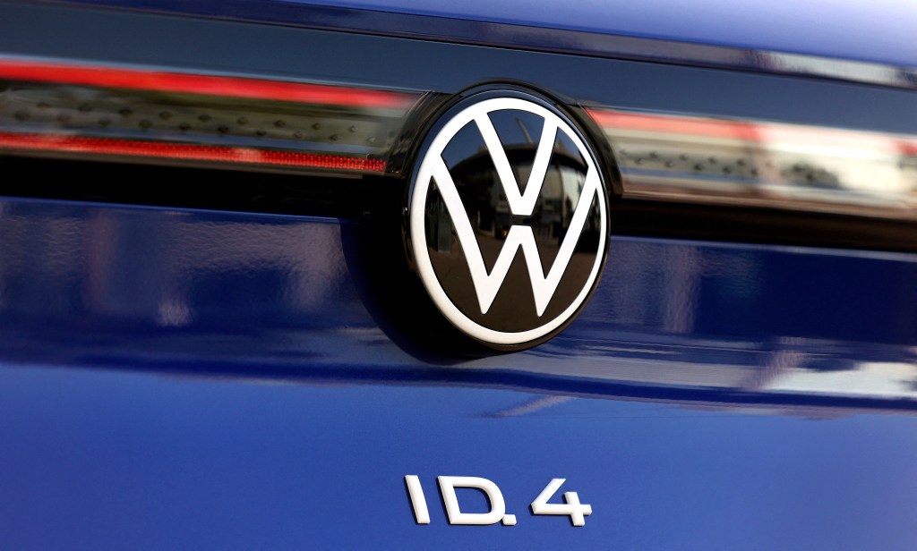close up view of the rear logo of a blue 2021 Volkwsagen ID.4 EV crossover