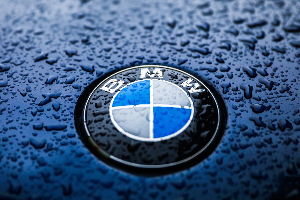 BMW's logo on the hood of one of their vehicles, wet from the rain.