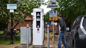 An electric charging station plugged into an EV