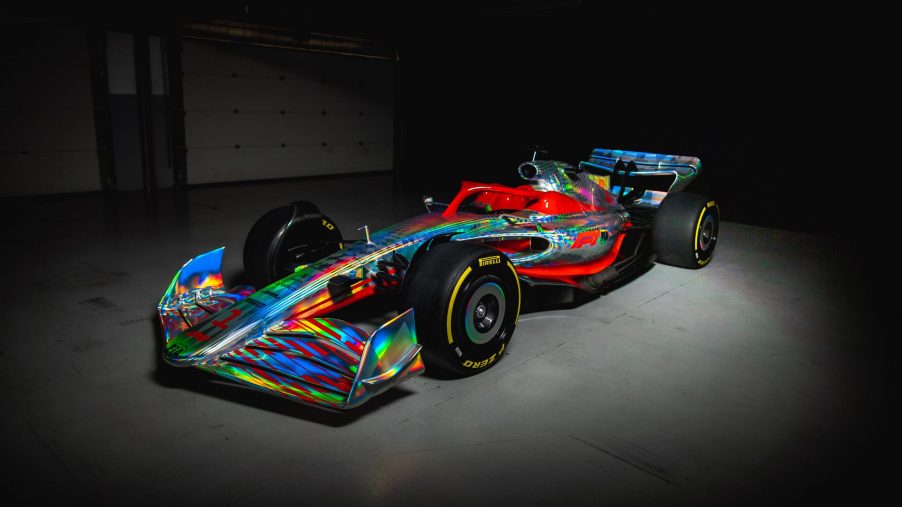The redesigned 2022 Formula 1 car in aluminum rainbow livery