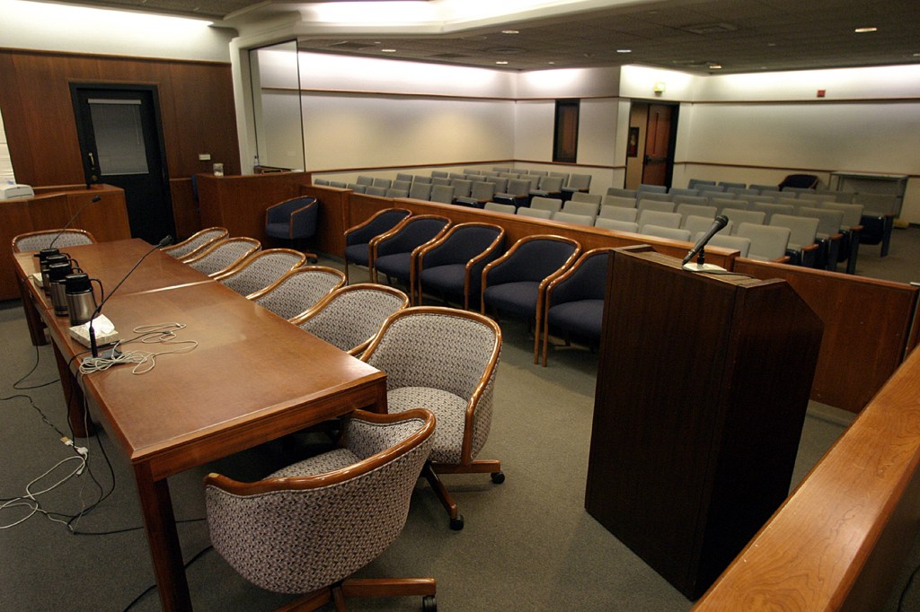 An empty courtroom, like the one you'll likely see should you fight a speeding ticket