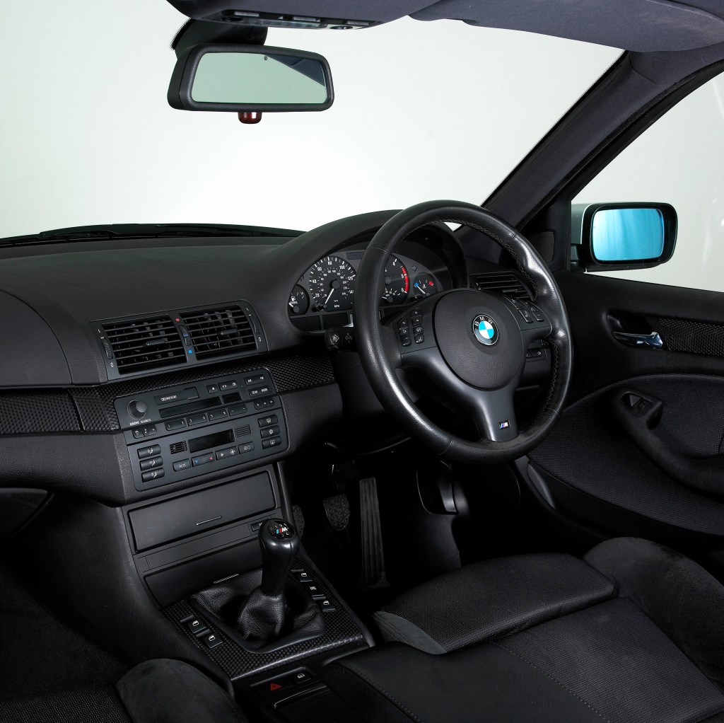 The interior of an E46 3-series BMW, which had nearly all of it's controls in the center.