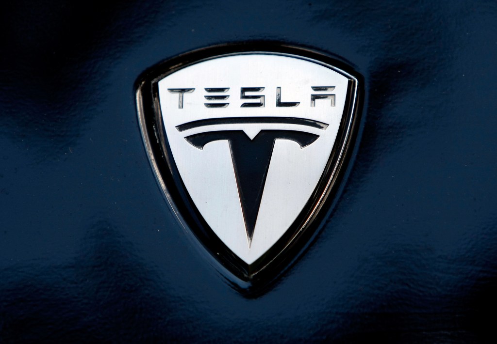 Tesla's logo seen on the fender of one of their models, painted dark blue