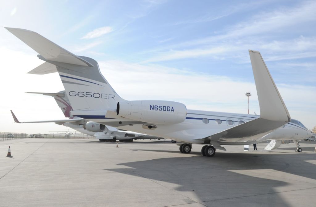 The Gulfstream G650ER aircraft parked at the Kuwait Aviation Show