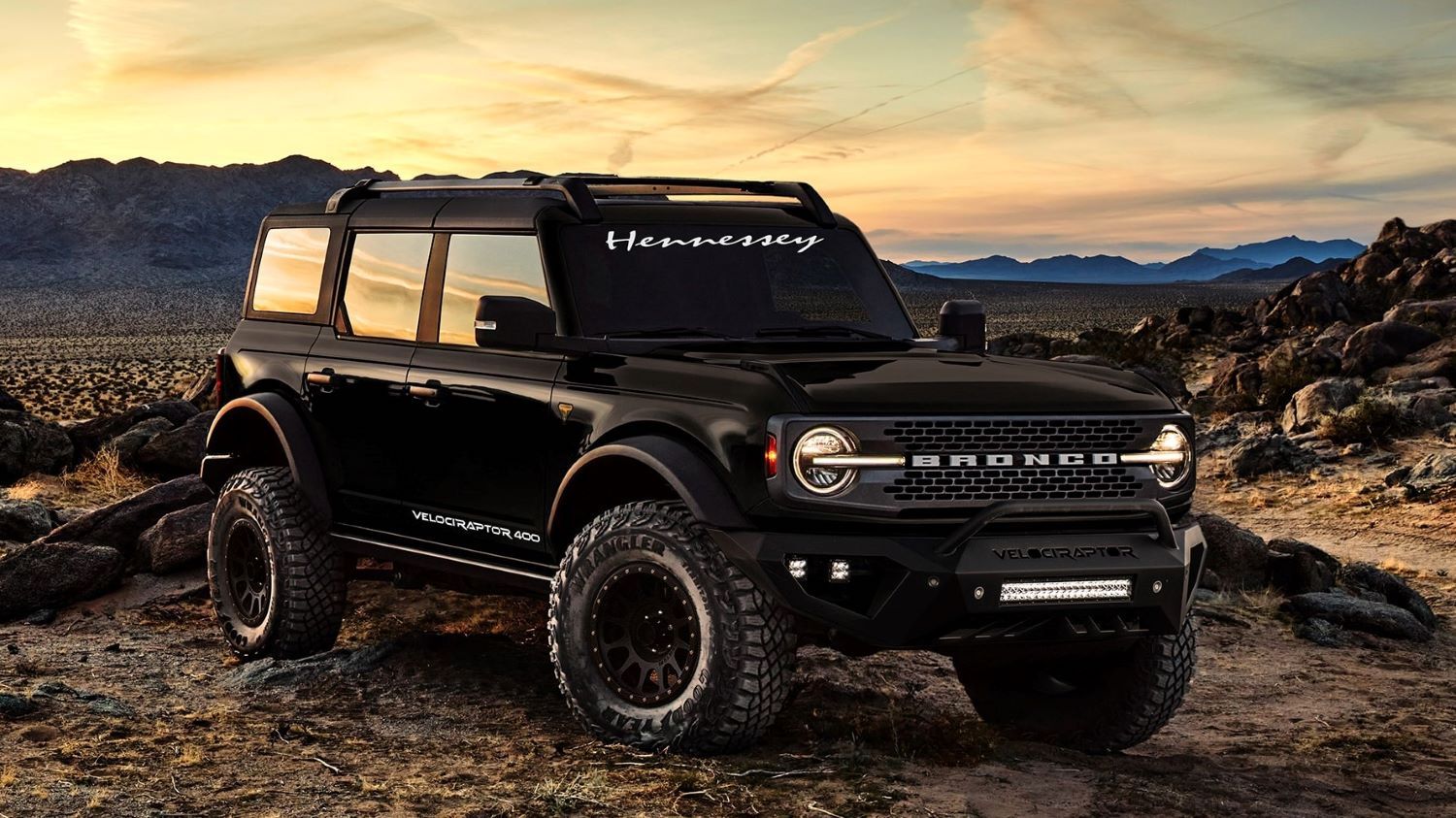 the Hennessy VelociRaptor 400 Bronco is a 2021 Ford Bronco that got jacked up on whatever it is they do down there in Texas.