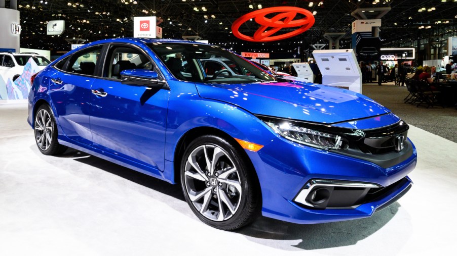 A blue Honda Civic seen at the New York International Auto Show at the Jacob K. Javits Convention Center in New York.