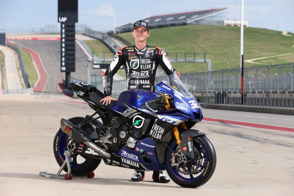Jake Gagne with his Yamaha R1 MotoAmerica Superbike in the gravel run-off area of a racetrack