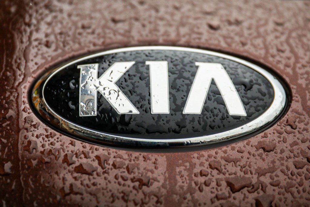 Close-up of the Kia logo on a burgundy color car with water raindrops.