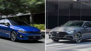 The 2022 Kia K5 in blue and the 2021 Hyundai Sonata in gray