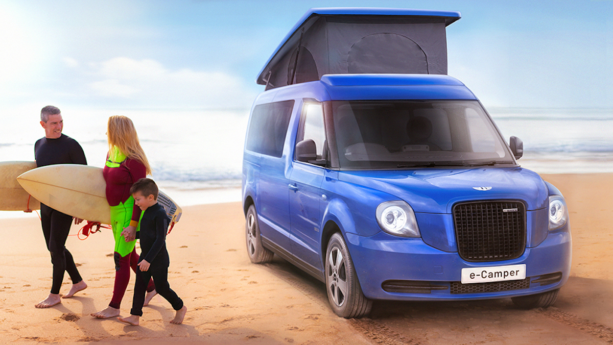LEVC rendering of the all new electric camper van with it roof popped up