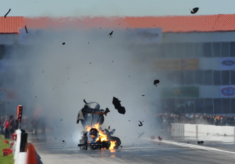 Larry Dixon's Top Fuel dragster explodes at Houston Raceway Park in 2019