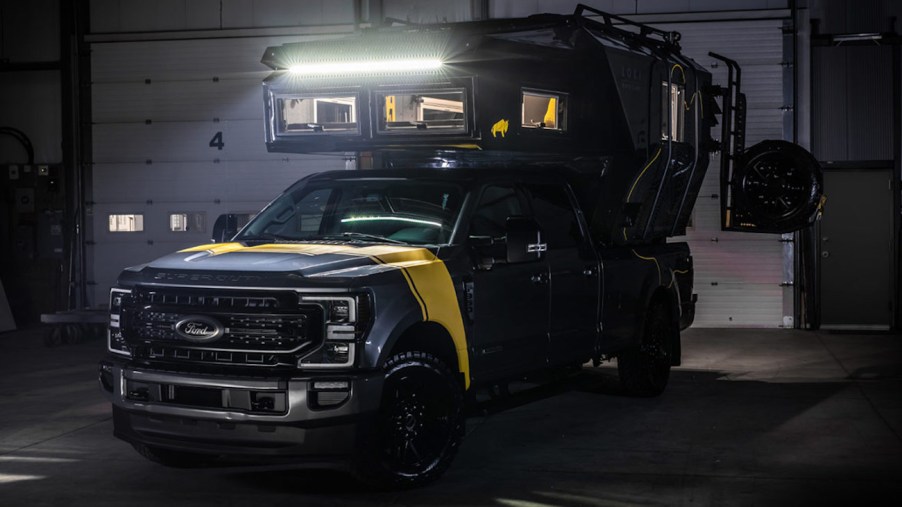 The all-new Loki Falcon parked in a low lit garage is easy to see how it is one of the best camper trucks