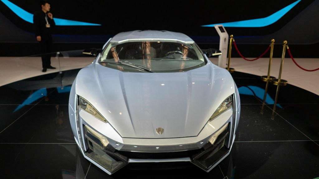Lykan HyperSport car from 'Fast and Furious 7', shown on the 2nd World Intelligence Congress , held in Tianjin Meijiang Exhibition Center. 