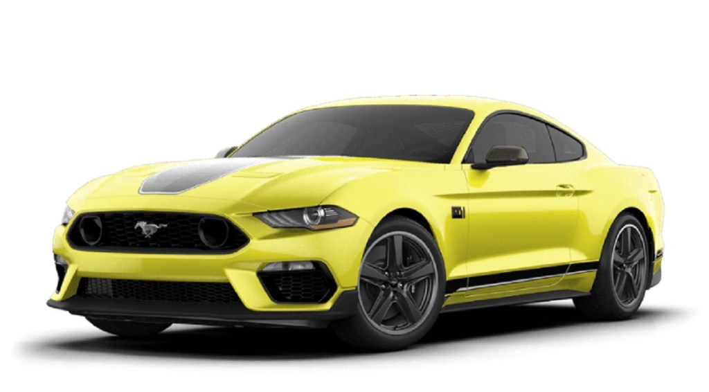 A yellow 2021 Ford Mach-E against a white background. Ford's new gasoline perfume is inspired by the Mach-E.