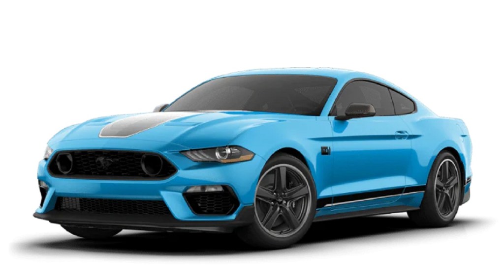 A blue Ford Mach-E against a white background. Ford's new gasoline perfume is inspired by the Mach-E.