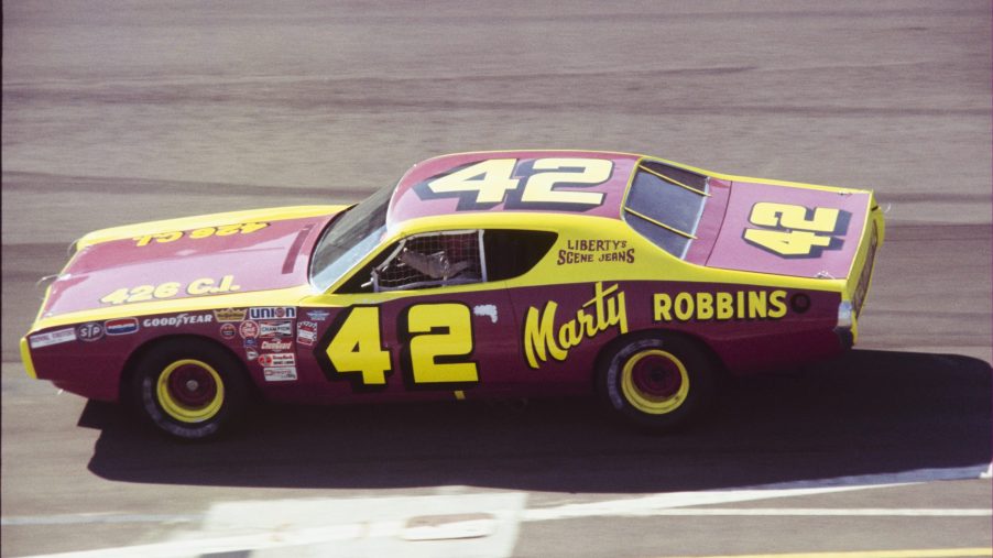 Marty Robbins drives a Dodge Charger to an eighth place finish at the 1972 Miller 500.