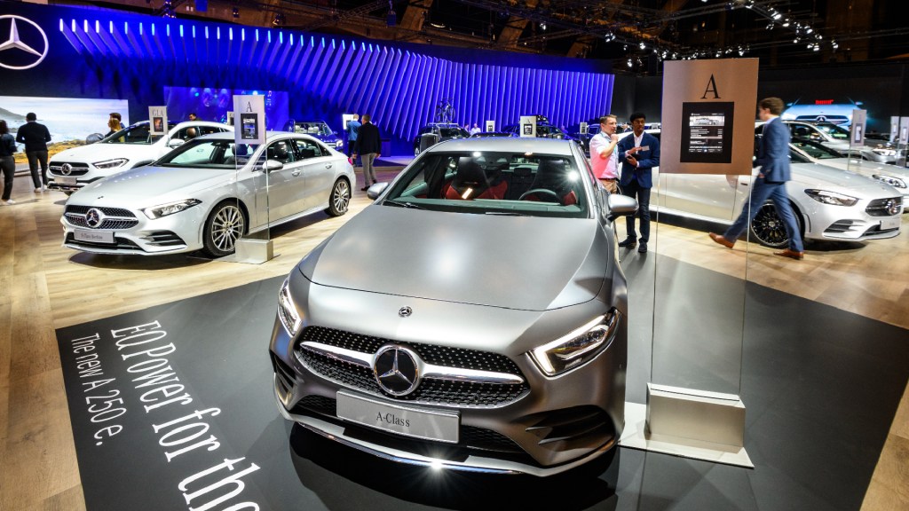Mercedes-Benz motor show stand with the Mercedes-Benz A Class plug in hybrid A250e compact hatchback car on display at Brussels Expo on January 9, 2020 in Brussels, Belgium.