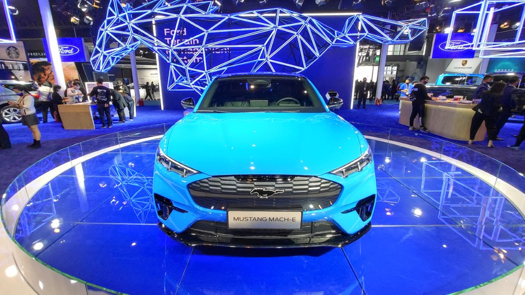 A blue Ford Mustang Mach-e sports car is seen at the third China International Import Expo in Shanghai, China, on 5 November 2020.