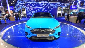 A blue Ford Mustang Mach-e sports car is seen at the third China International Import Expo in Shanghai, China, on 5 November 2020.
