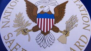 The NTSB seal is seen during a safety event at Trailside Middle School, in Ashburn, Virginia, in August 2015