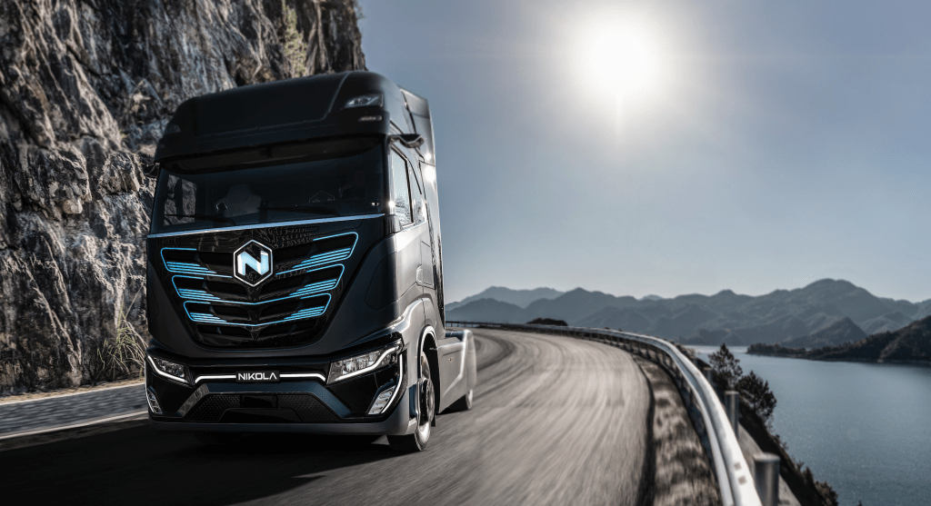 Nikola truck on mountain road