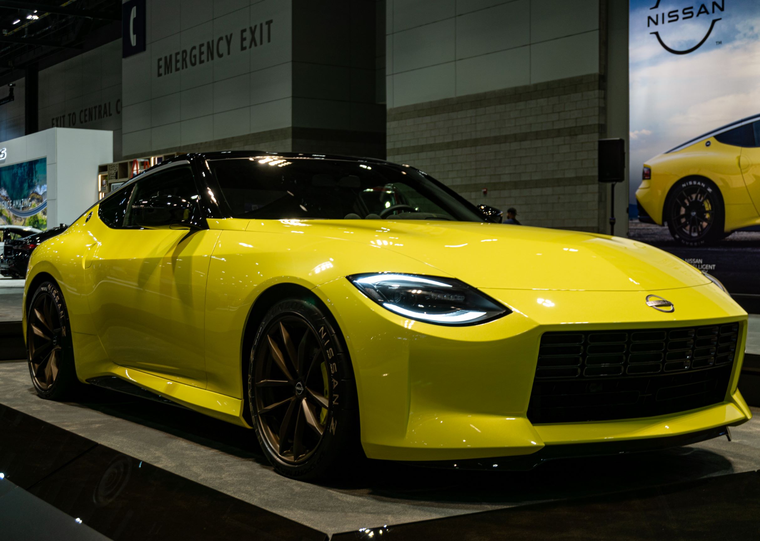 The front 3/4 view of the yellow Nissan Z Proto Concept at the 2021 Chicago Auto Show