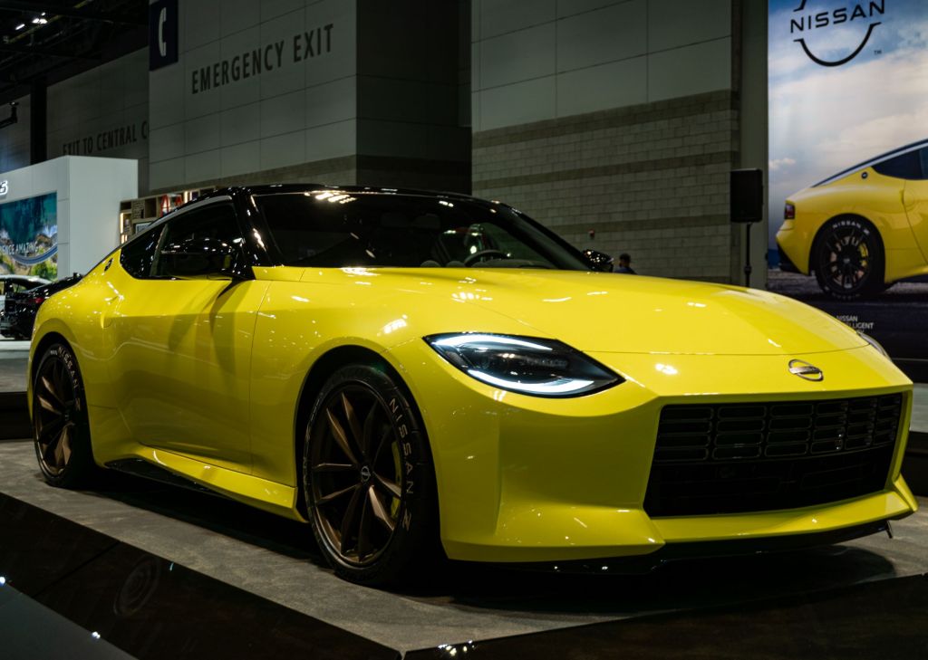 The front 3/4 view of the yellow Nissan Z Proto Concept at the 2021 Chicago Auto Show