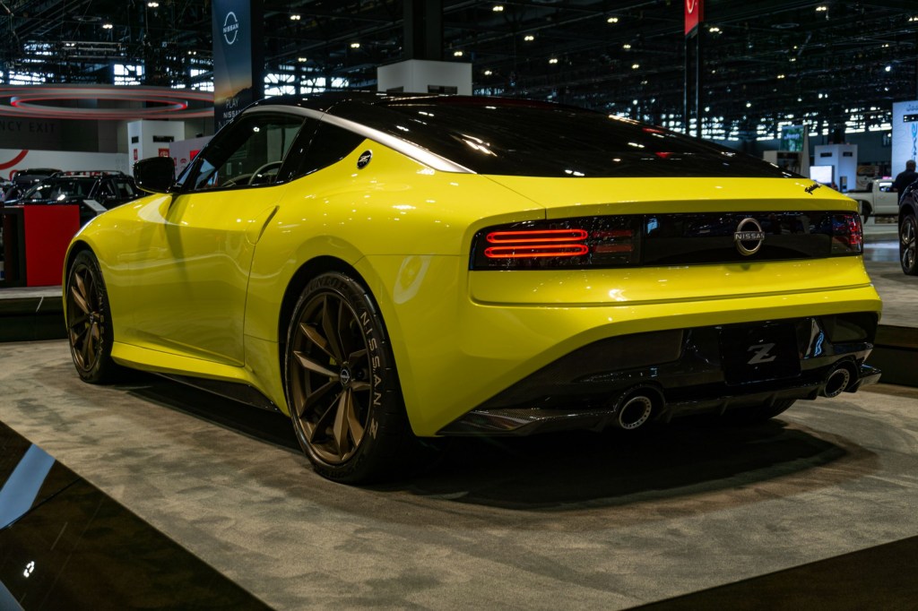 The rear 3/4 view of the yellow Nissan Z Proto Concept at the 2021 Chicago Auto Show