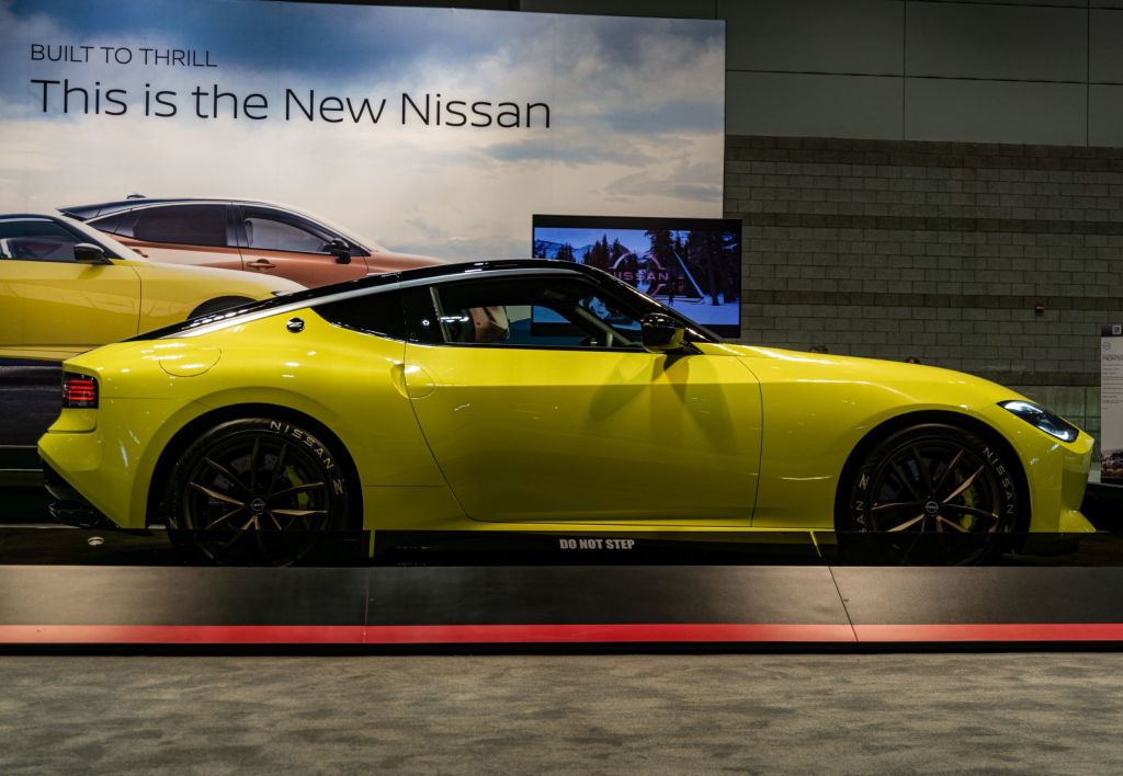 The side view of the yellow Nissan Z Proto Concept at the 2021 Chicago Auto Show