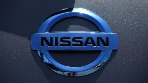 The Nissan logo displayed on a car at Nissan Marin on May 1, 2014, in San Rafael, California