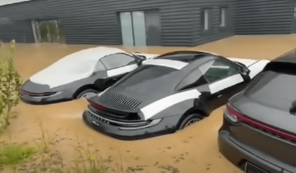 flooded Porsches at German dealership