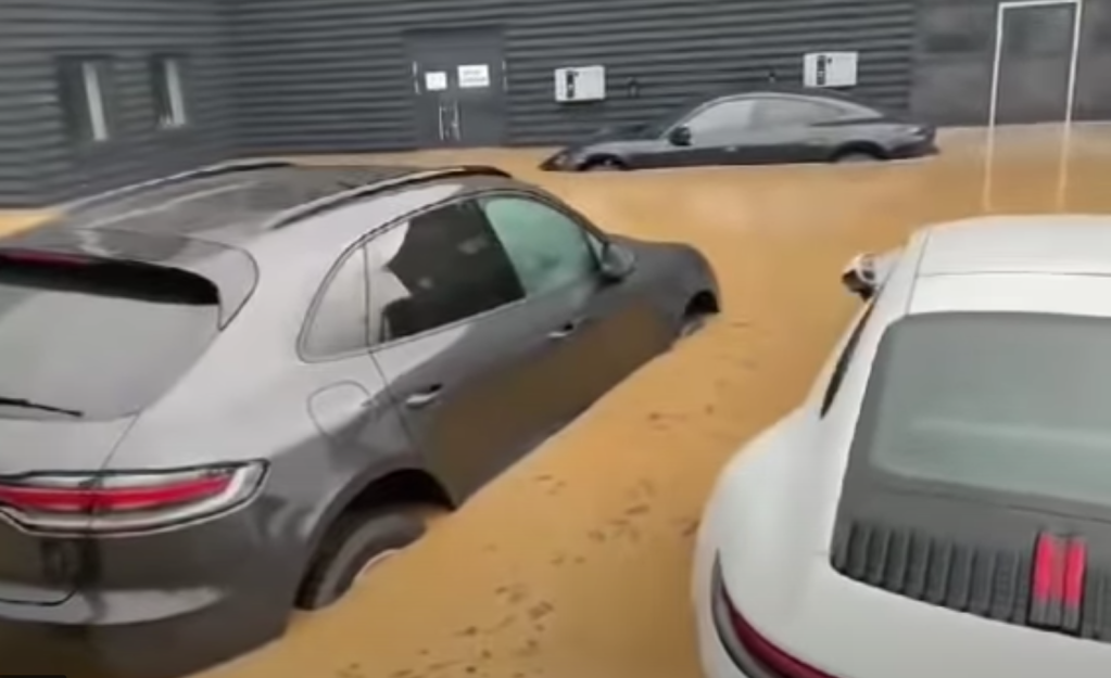 flooded Porsches at German dealership