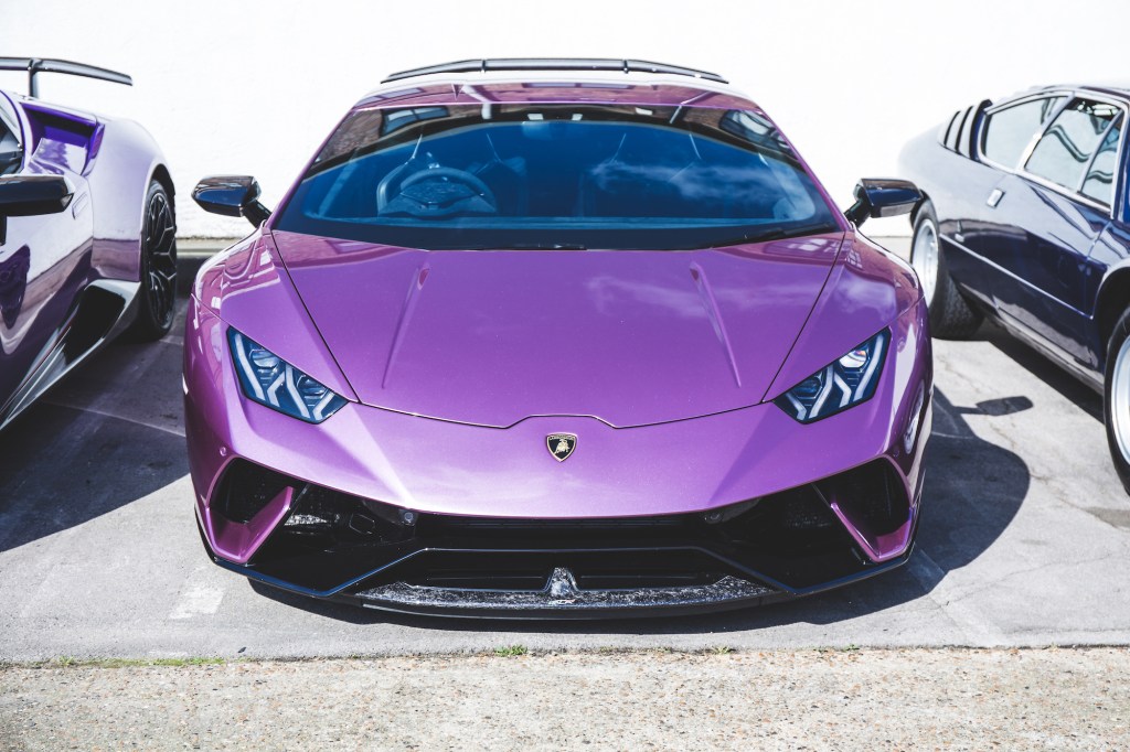 A purple Lamborghini Huracán Performante at Supercar Sunday in London in March 2019