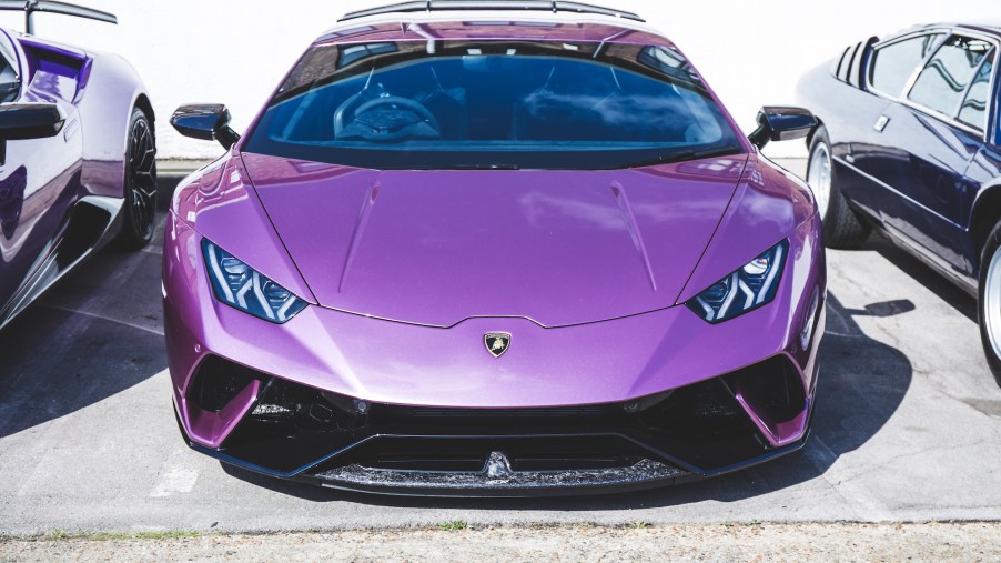 A purple Lamborghini Huracán Performante at Supercar Sunday in London in March 2019