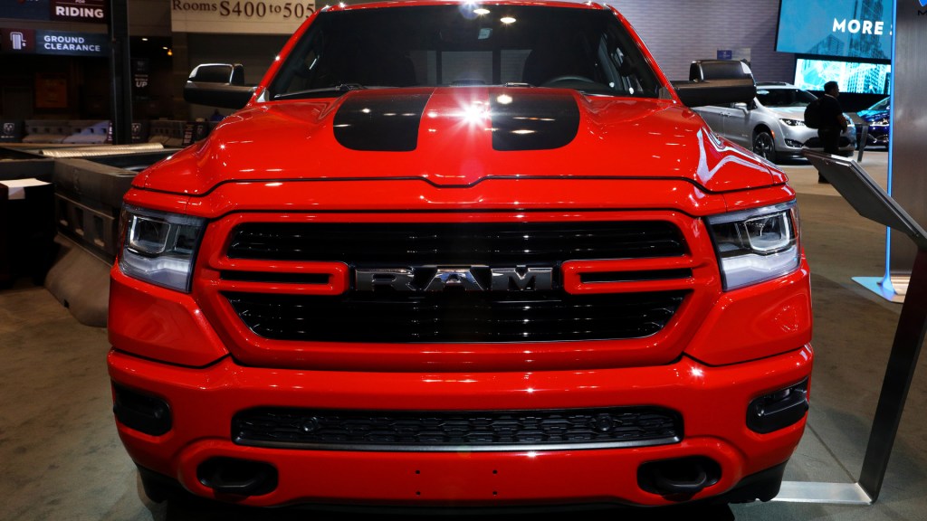 A red Ram 1500 pickup truck.