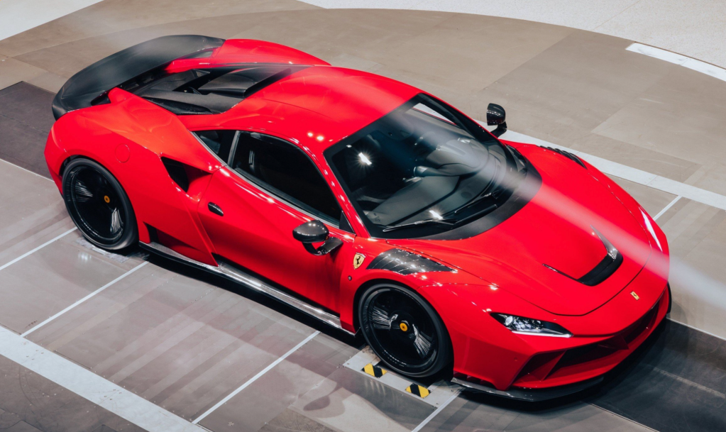 An image of a Ferrari F8 Tributo N-Largo by Novitec in a photo studio.