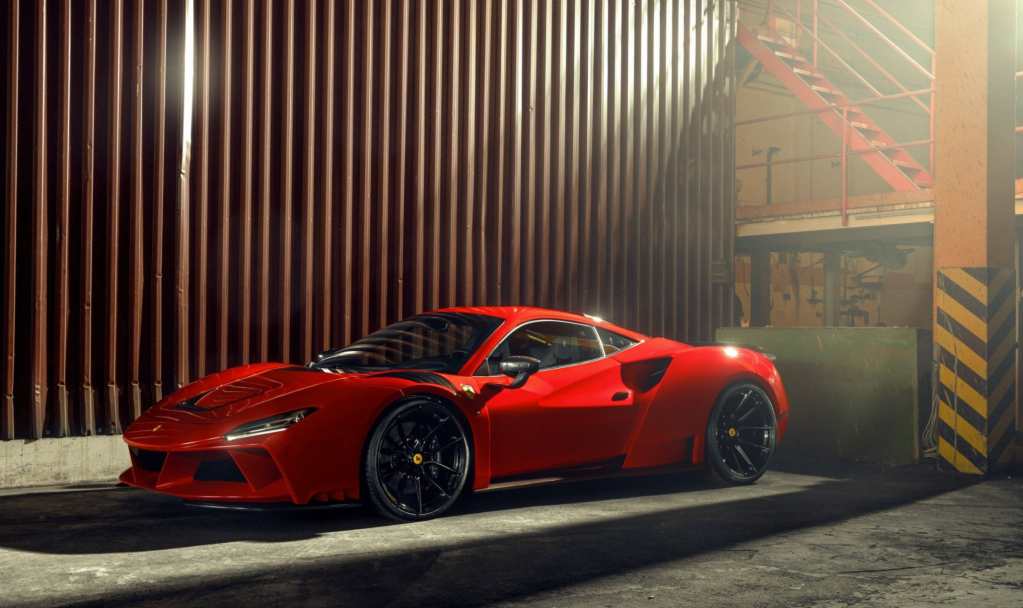 An image of a Ferrari F8 Tributo N-Largo by Novitec in a photo studio.