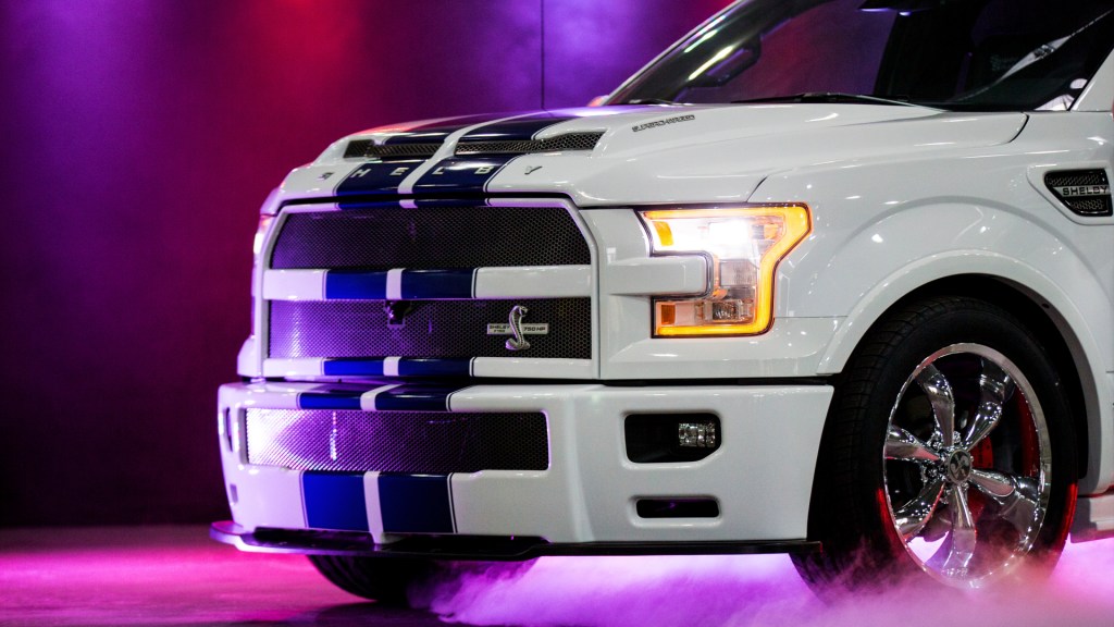 A Shelby F150 Power Pickup can be seen under colorful light in Essen, Germany, 23 October 2017.