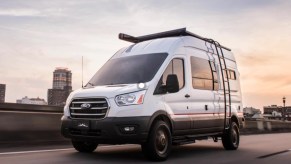 Camper van cruising down the road