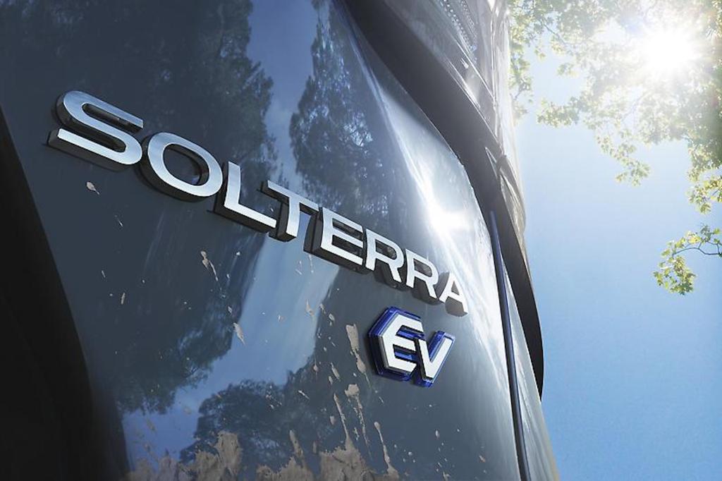 The Solterra EV badging on the back of the all-wheel drive electric SUV