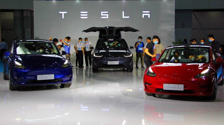 Tesla booth during the 34th International Electric Vehicle Symposium and Exhibition at the Nanjing Air-hub International Expo Center on June 25, 2021 in Nanjing, Jiangsu Province of China.
